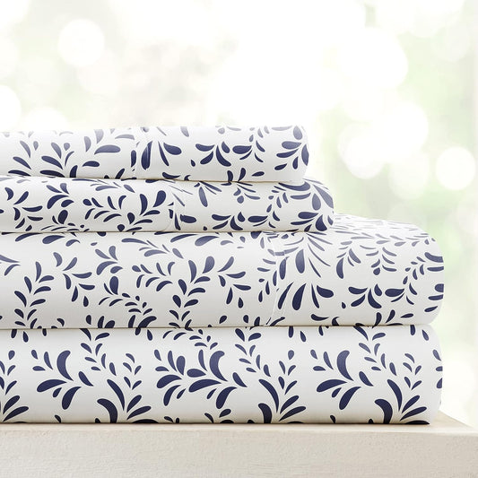 ienjoy Home 4 Piece Burst of Vines Patterned Home Collection Premium Ultra Soft Bed Sheet Set, Twin, Navy