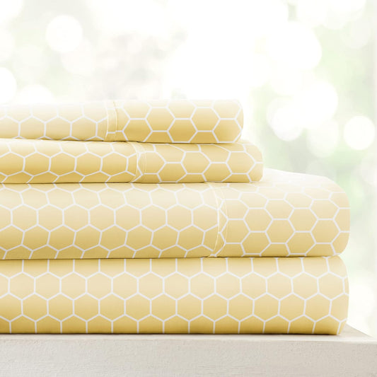 ienjoy Home 4 Piece Honeycomb Patterned Home Collection Premium Ultra Soft Bed Sheet Set, Queen, Yellow