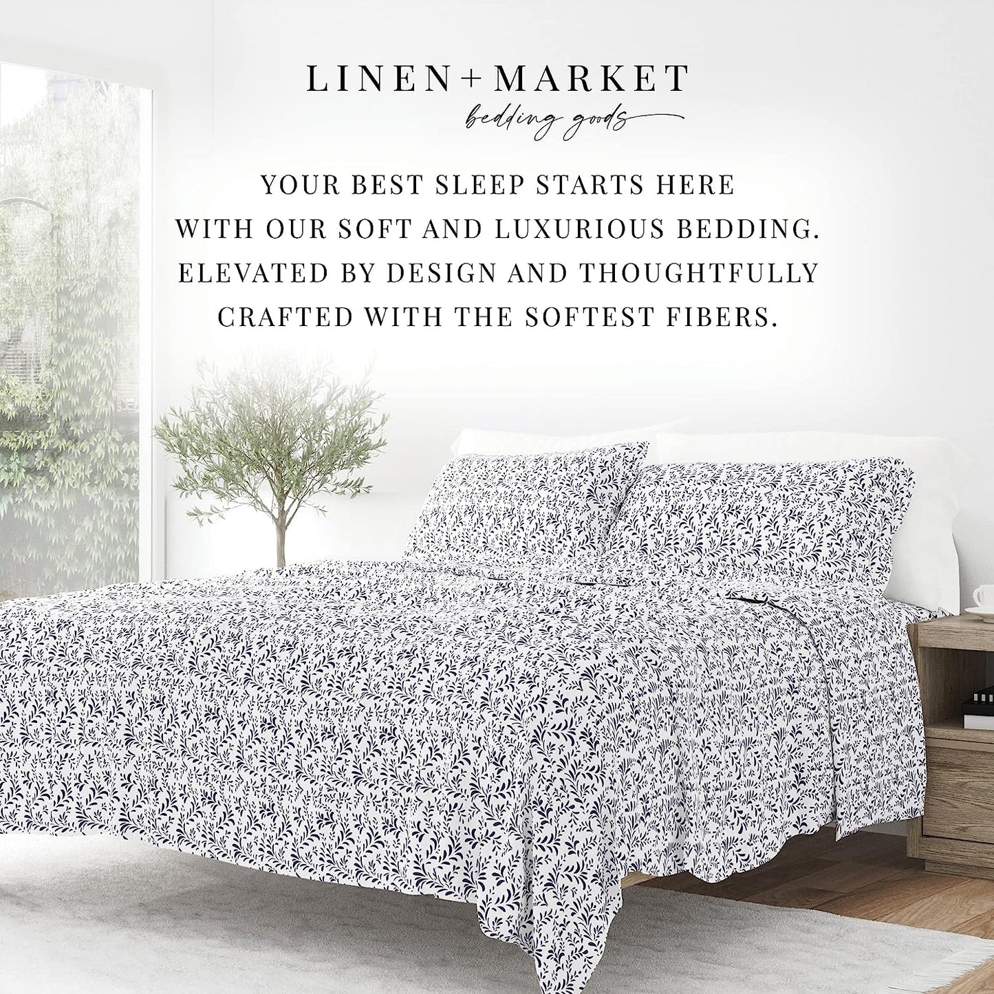 ienjoy Home 4 Piece Burst of Vines Patterned Home Collection Premium Ultra Soft Bed Sheet Set, Twin, Navy